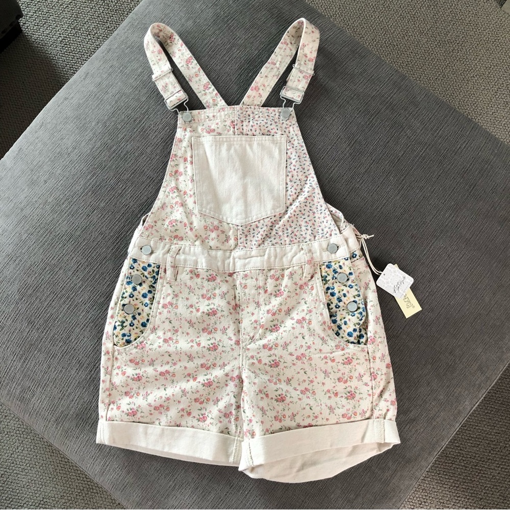 Free People Floral Print Overalls in Cream and Pink